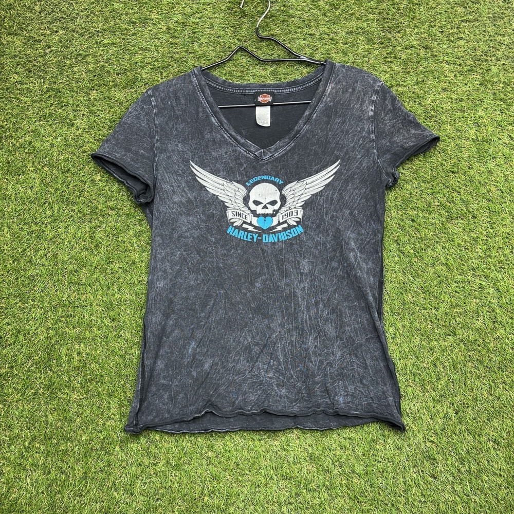 Harley Davidson Shirt Womens Medium Biker Skull Wings Daytona Beach Gray y2k